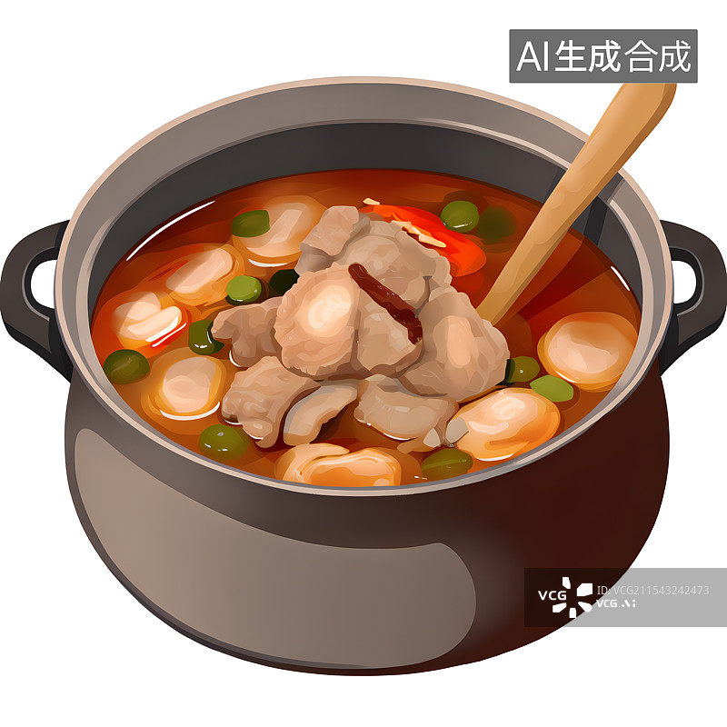 【AI数字艺术】国风手绘插画，手绘插画，一锅肉汤，砂锅煲汤，年夜饭图片素材