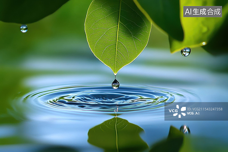 【AI数字艺术】绿草叶片上的水滴图片素材