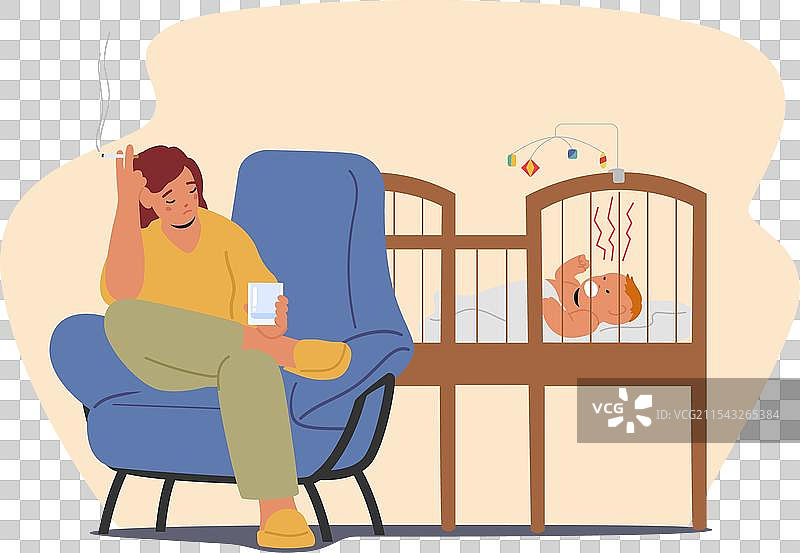 醉酒的母亲靠在哭泣的婴儿旁边图片素材