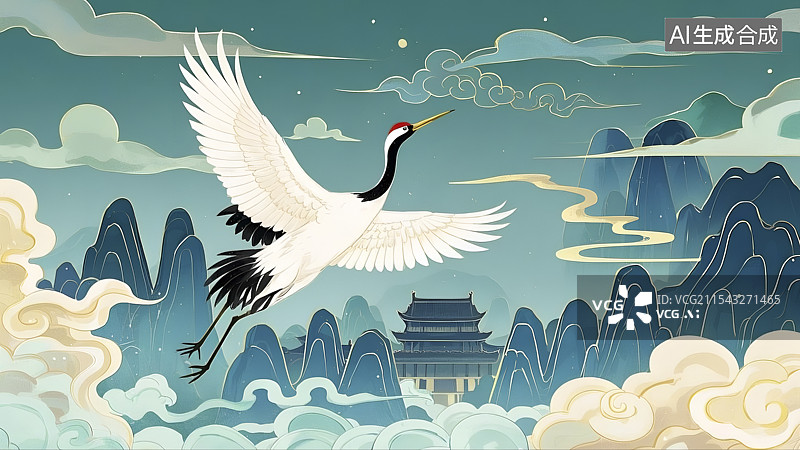 【AI数字艺术】仙鹤 祥云古建筑国潮风背景图片素材