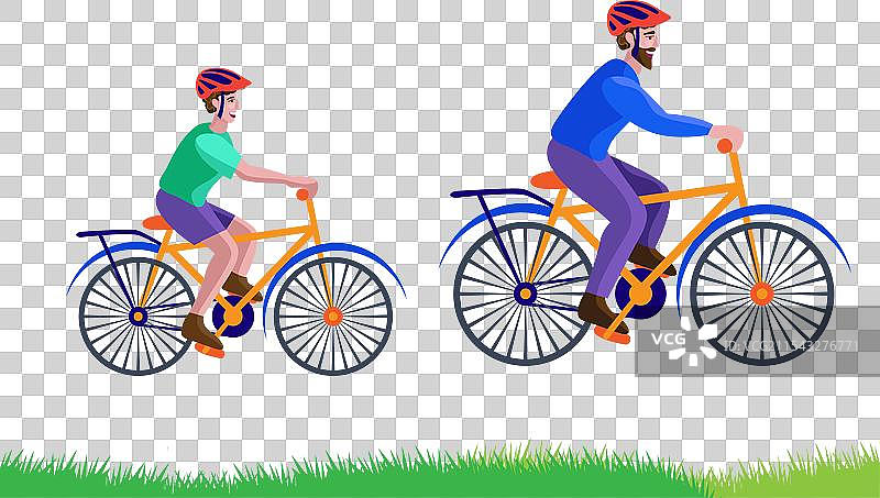 父亲和儿子在草地上骑自行车图片素材