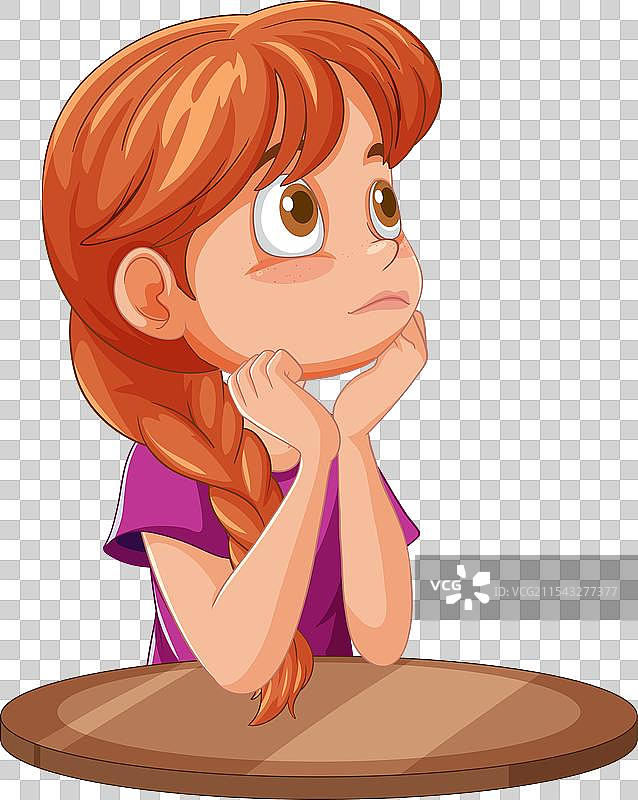 思考的女孩卡通形象，双手托着下巴图片素材