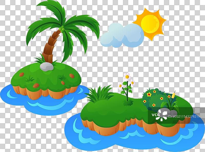 两个小岛上的椰子树和一些花朵图片素材