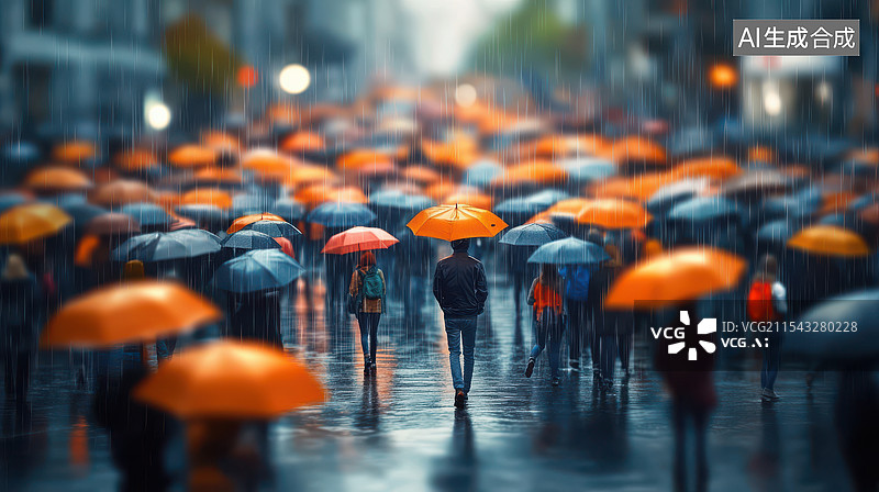 【AI数字艺术】城市街道下雨天撑伞的人的微缩摄影图片素材