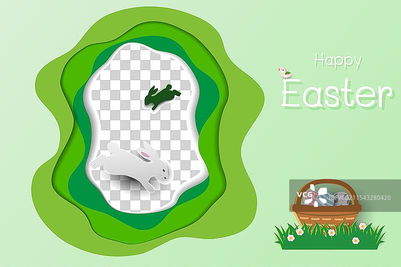 可爱的兔子和复活节彩蛋的纸艺风格图片素材