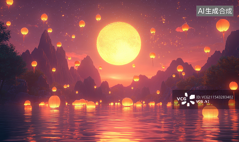 【AI数字艺术】中秋大月亮升起图片素材