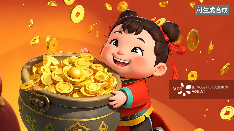 【AI数字艺术】中国喜庆新年春节迎财神送财童子看着天上掉落的铜钱十分开心动画图片素材