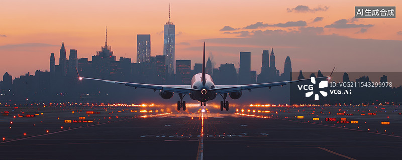 【AI数字艺术】一架飞机在日落时分降落的场景。天空被绚丽的晚霞染成了橙红色，云层厚重且色彩斑斓，地面跑道上反射着灯光图片素材