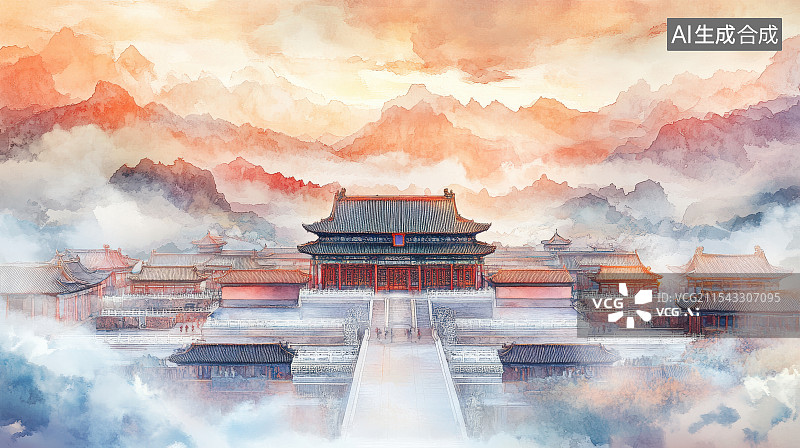 【AI数字艺术】中国古典宫殿建筑水墨风景画图片素材