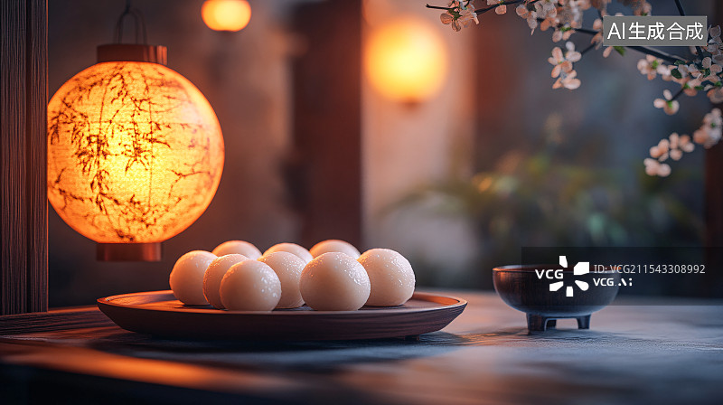 【AI数字艺术】中式点心汤圆与中国风背景图片素材