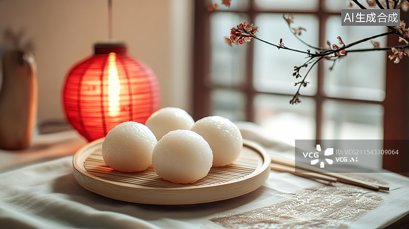 【AI数字艺术】中式点心汤圆与中国风背景图片素材