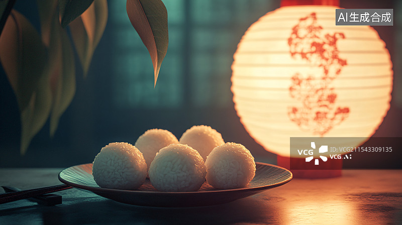 【AI数字艺术】中式点心汤圆与中国风背景图片素材