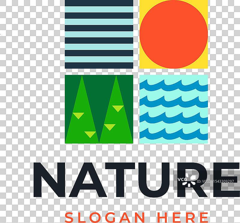 自然标志：森林、树木、河流、太阳设计图案图片素材