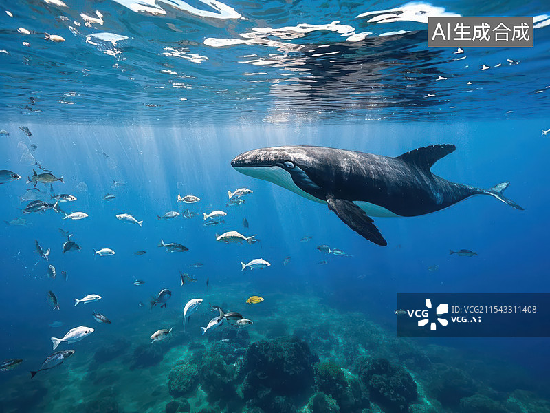 【AI数字艺术】海里的鲸鱼偶遇鱼群图片素材