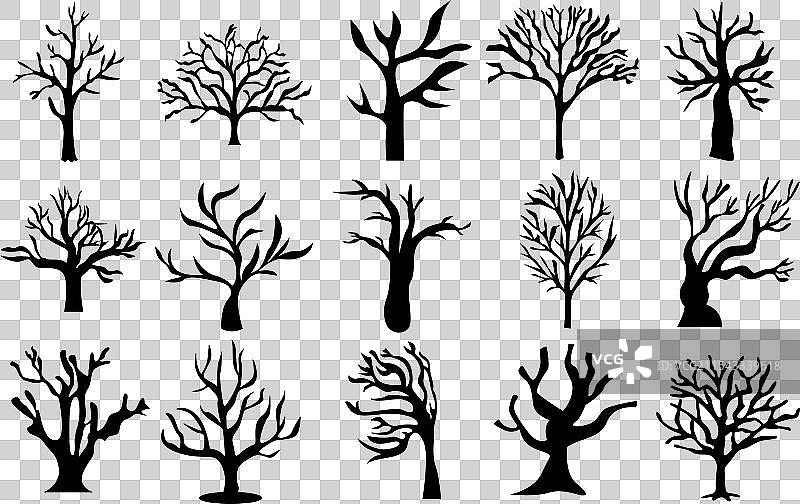 恐怖的无叶树和根部剪影图标集图片素材