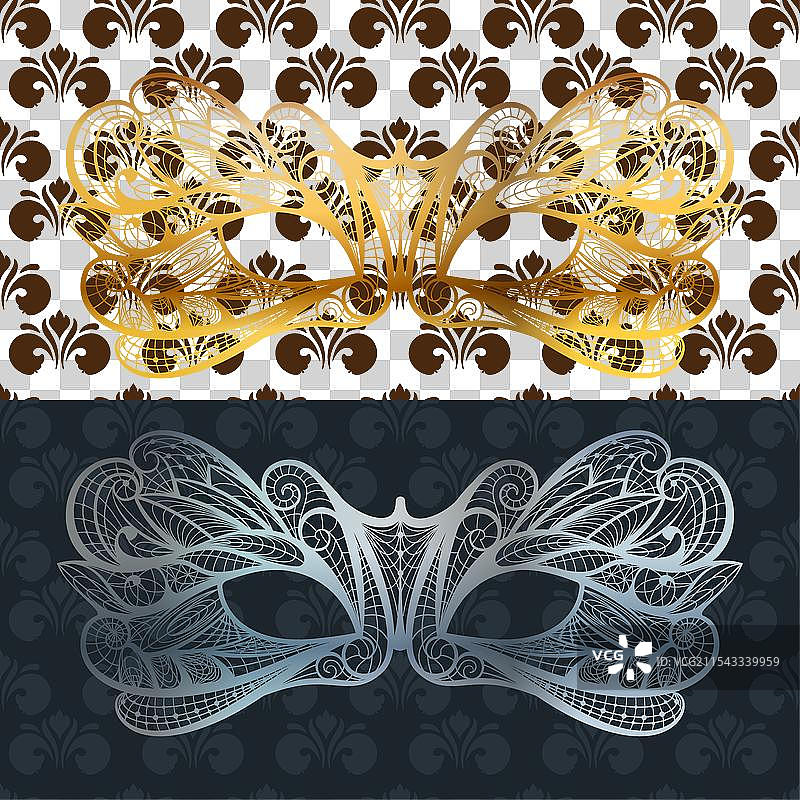 金色和蓝色的蕾丝面具，威尼斯化妆舞会用图片素材
