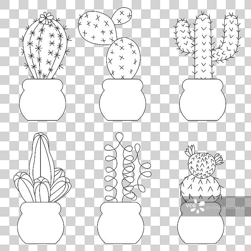 一组大仙人掌的涂鸦风格图案图片素材
