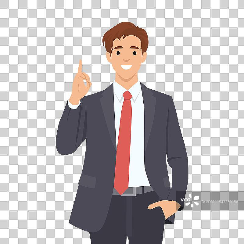 快乐的商人用食指指向上方的手势图片素材