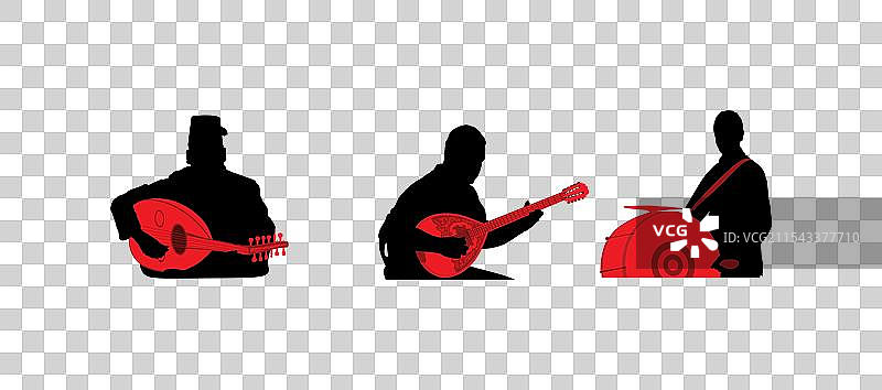 布祖基琴演奏者三重奏，曼多拉手和鼓手剪影图片素材