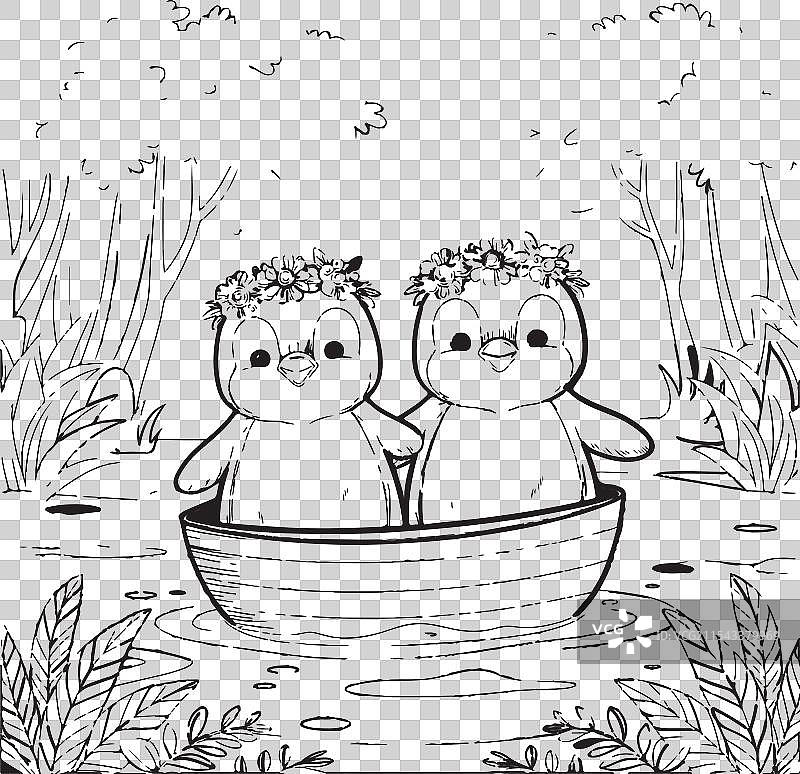 两只小企鹅在河里的一只船上玩耍图片素材