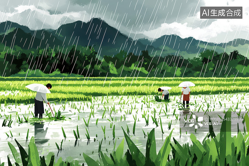 【AI数字艺术】清明谷雨节气雨中的稻田图片素材
