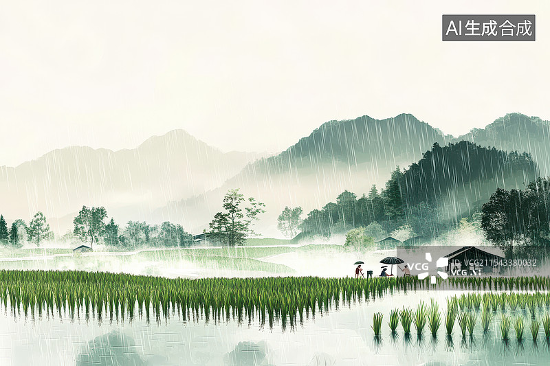 【AI数字艺术】清明谷雨节气雨中的稻田图片素材
