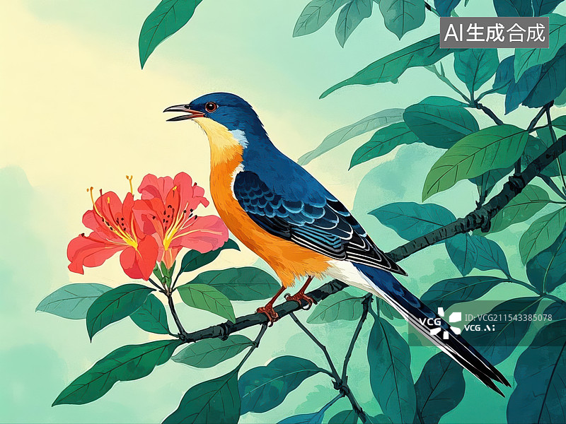 【AI数字艺术】山林间的彩色精灵，栖息枝头的彩雀图片素材