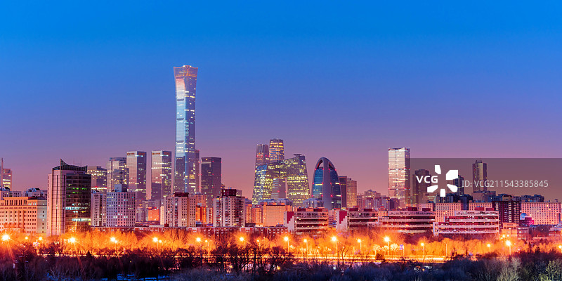 中国北京CBD建筑群冬季高视角夜景图片素材