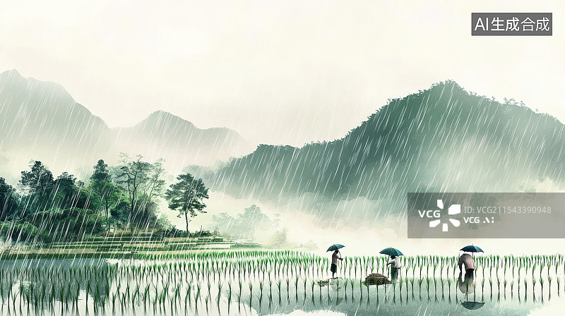 【AI数字艺术】清明谷雨节气雨中的稻田图片素材