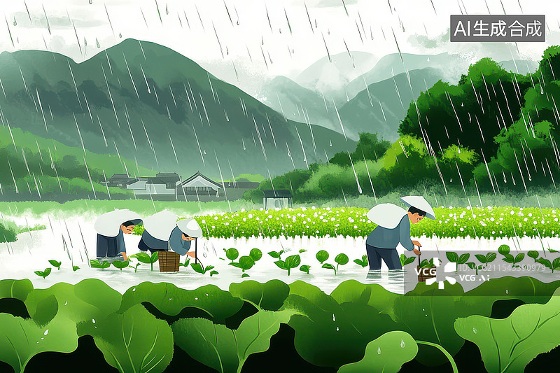 【AI数字艺术】清明谷雨节气雨中的稻田图片素材