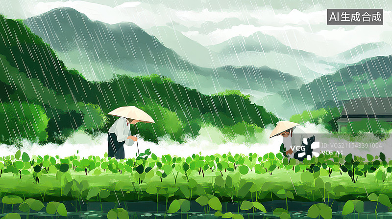 【AI数字艺术】清明谷雨节气雨中的稻田图片素材