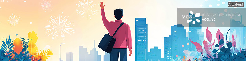 【AI数字艺术】一个虚化商务精英成功人士对着现代高楼举起手高管喜迎2025蛇年新春商业成功放假未来城市景观与烟花庆祝图片素材