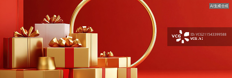 【AI数字艺术】喜庆农历新年电商背景设计蛇年可爱兔子跃过金色圆环动感红色背景配礼盒年货节企业庆典背景海报图片素材