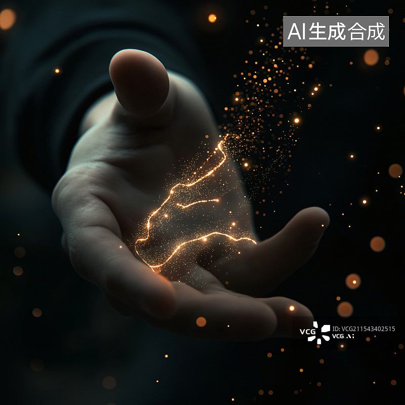【AI数字艺术】一只手稳稳捧着星光，于静谧夜空下，光影璀璨，满是奇幻浪漫，如童话般美好又神秘 。图片素材