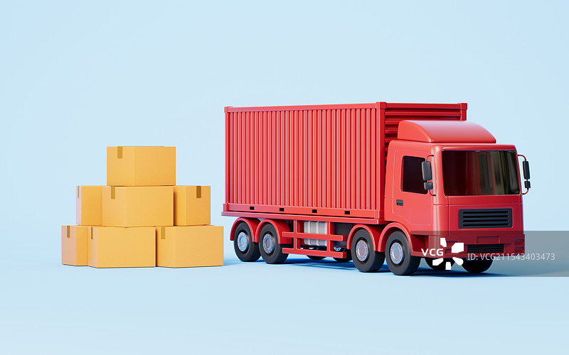 三维渲染的大卡车货车和纸箱图片素材