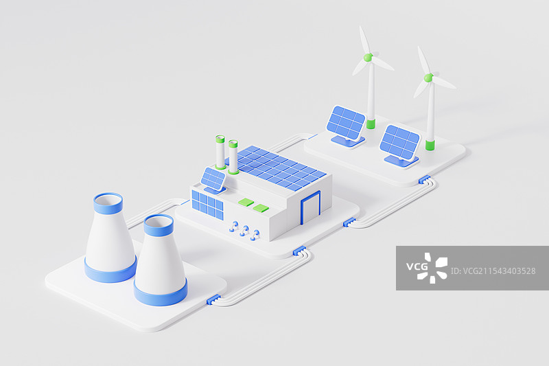 三维渲染的新能源太阳能光伏工厂和风力发电图片素材