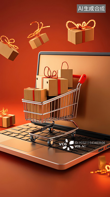 【AI数字艺术】在笔记本电脑上的购物车图片素材
