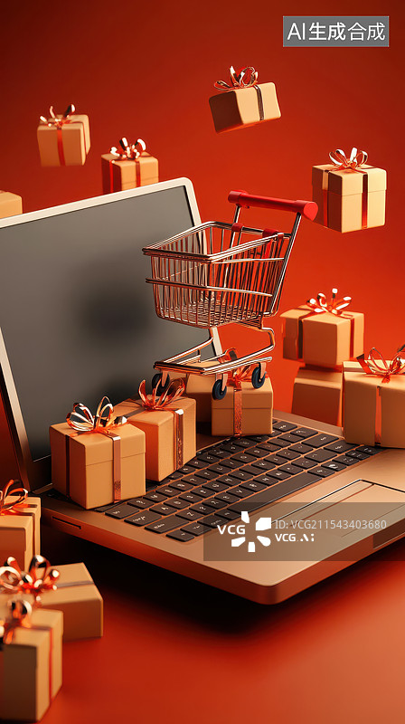 【AI数字艺术】在笔记本电脑上的购物车图片素材