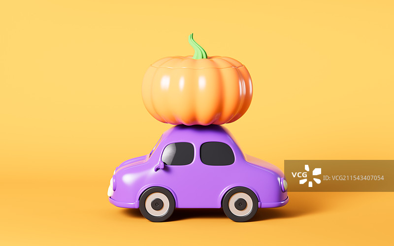 卡通南瓜和小汽车模型3D渲染图片素材