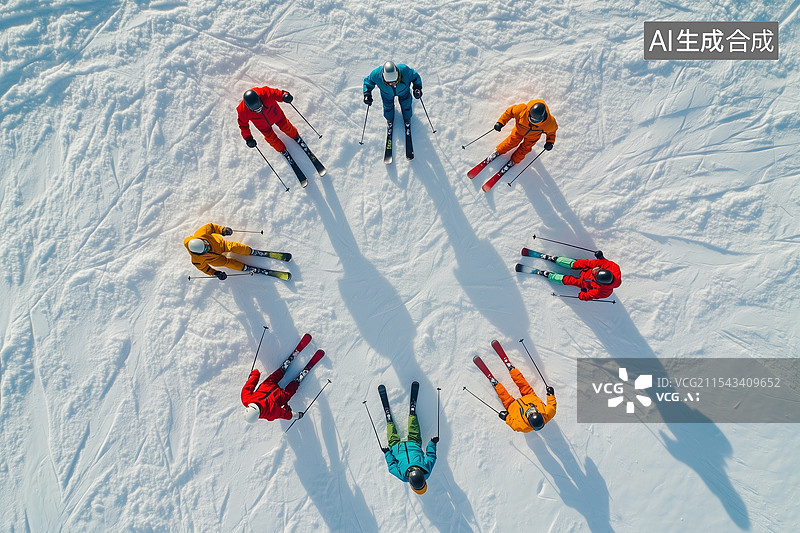 【AI数字艺术】七个滑雪的人航拍图片素材