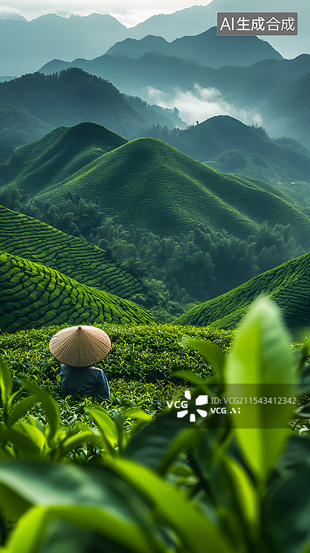 【AI数字艺术】茶山上采茶的茶农图片素材