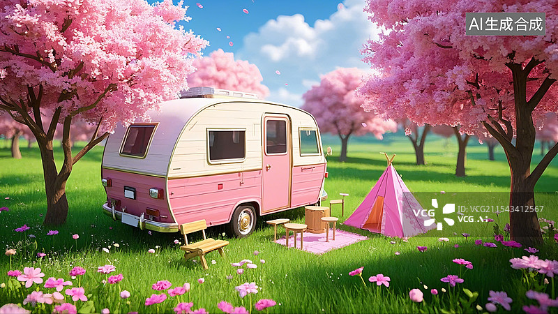 【AI数字艺术】3d春日樱花下春游的房车图片素材