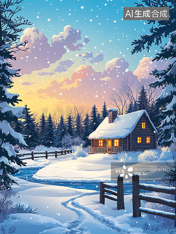 【AI数字艺术】冬季雪地里的房屋插画背景图片素材