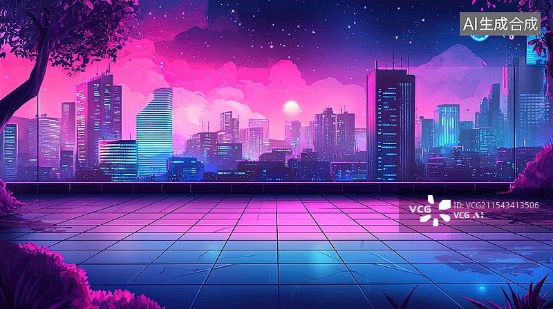 【AI数字艺术】赛博朋克风格城市天际线广场地面空背景插画图片素材