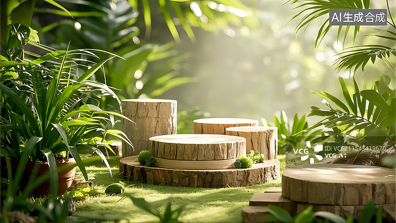 【AI数字艺术】自然和谐中的木桩花园产品展台图片素材