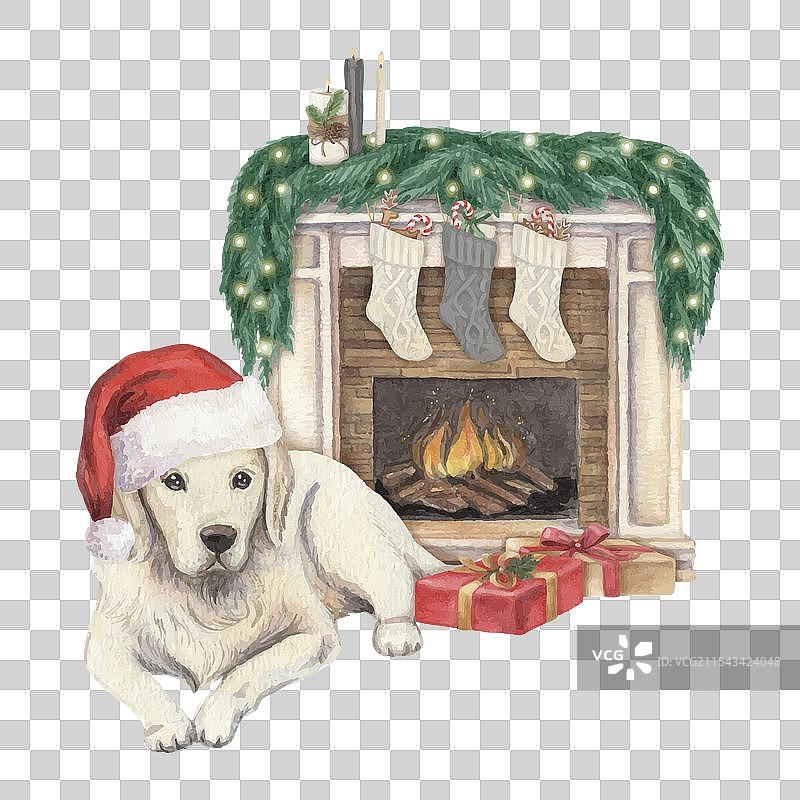 温馨的圣诞场景，壁炉和猎犬图片素材