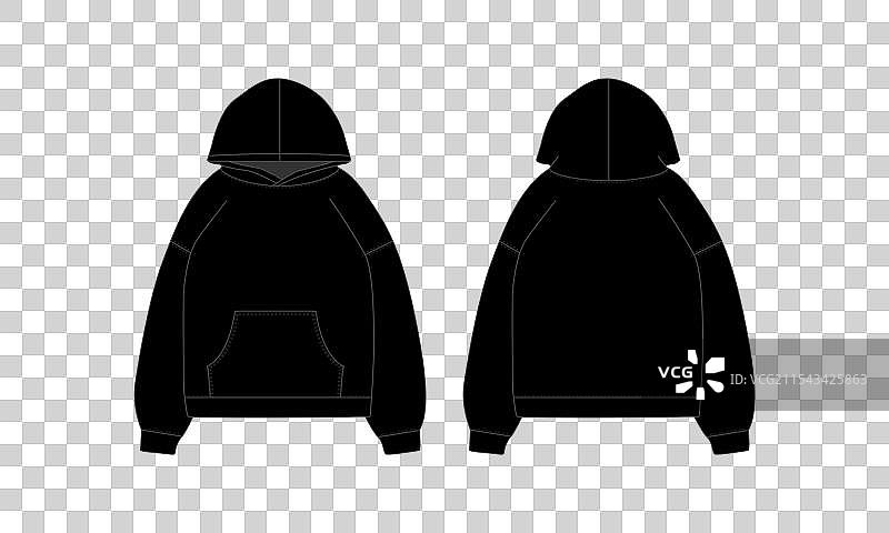 男士黑色空白连帽衫模板 - 正面和背面图片素材