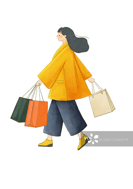 一个中国女孩买东西手里拎着几个购物袋走路图片素材