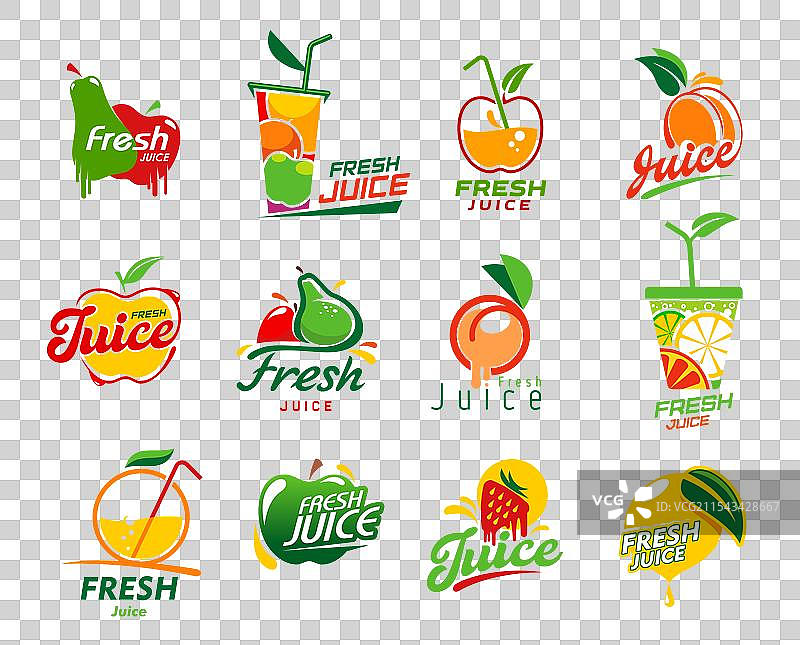 新鲜果汁图标、水果饮料和冰沙标签图片素材