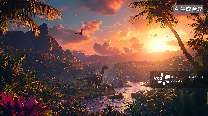 【AI数字艺术】远古时期树林里的恐龙图片素材